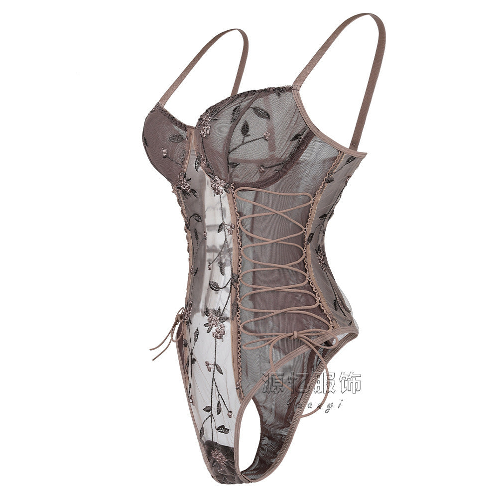 Floral Embroidered Lace Up Bodysuit
