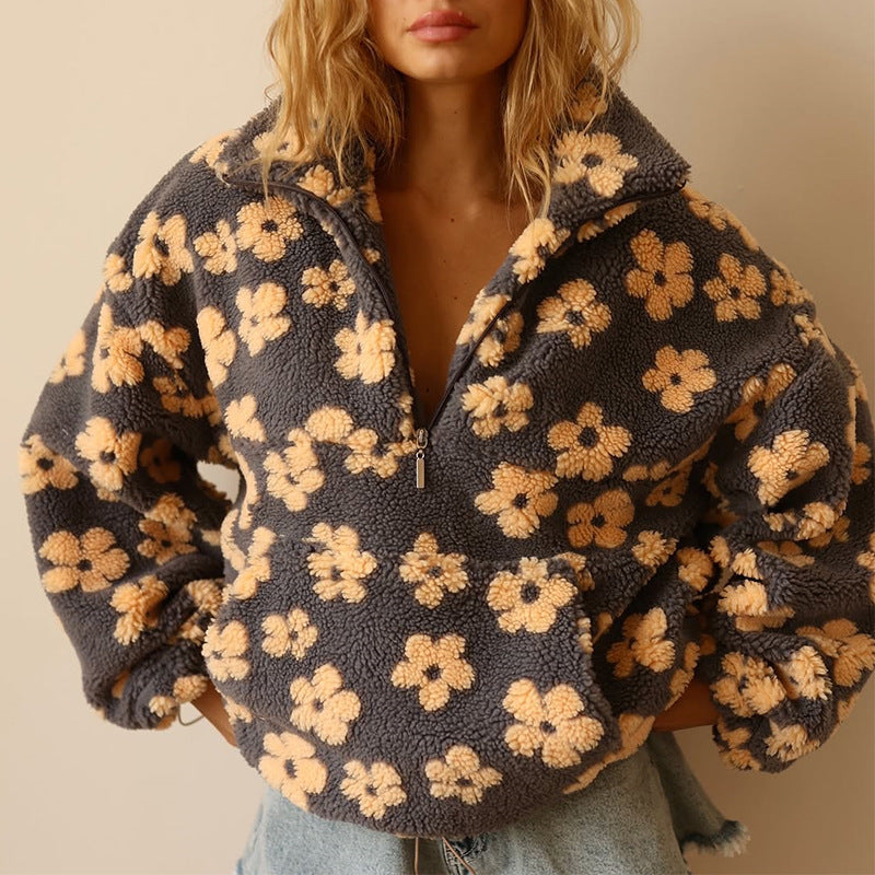Floral Fleece Quarter Zip Pullover