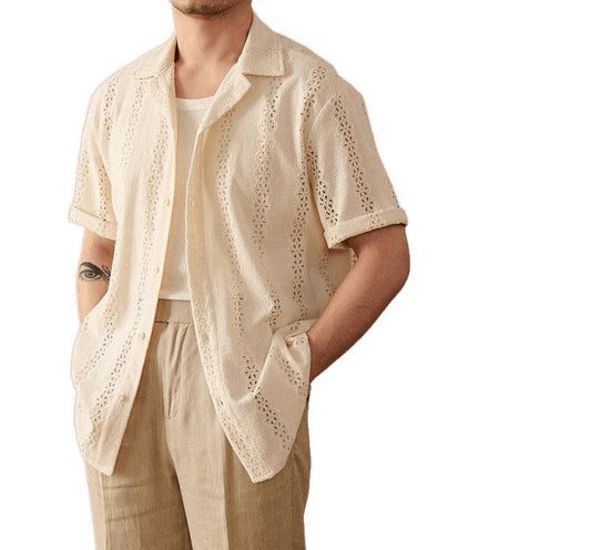 Perforated Short-Sleeve Cuban Collar Shirt