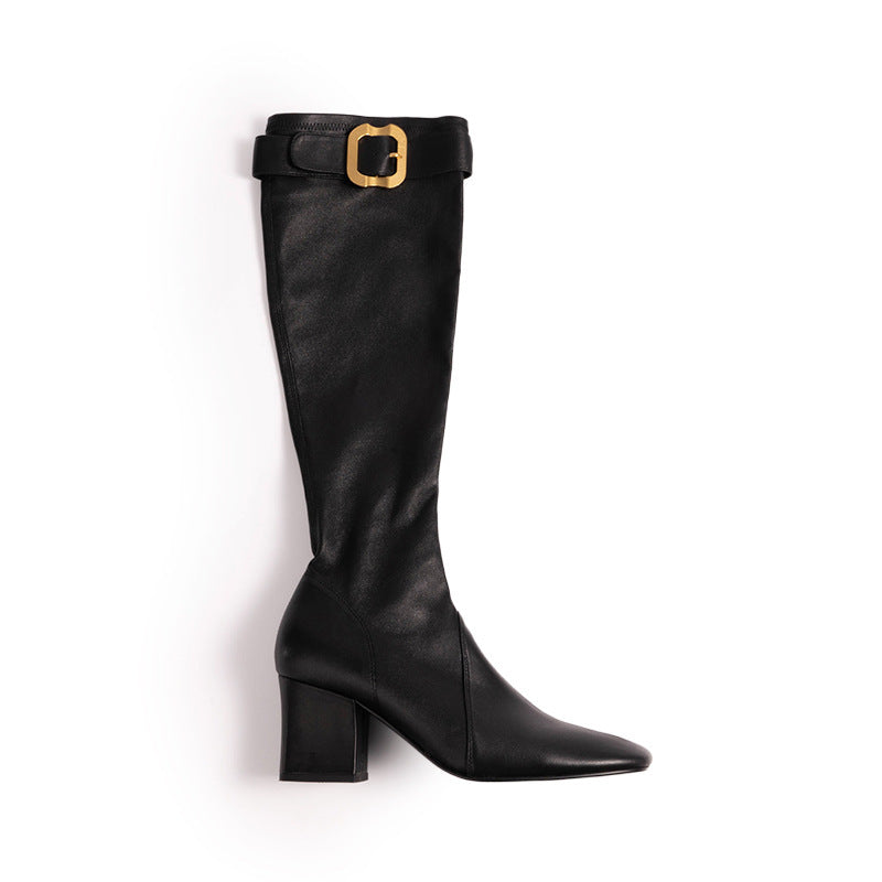 Gold-Button Block-Heel Boots
