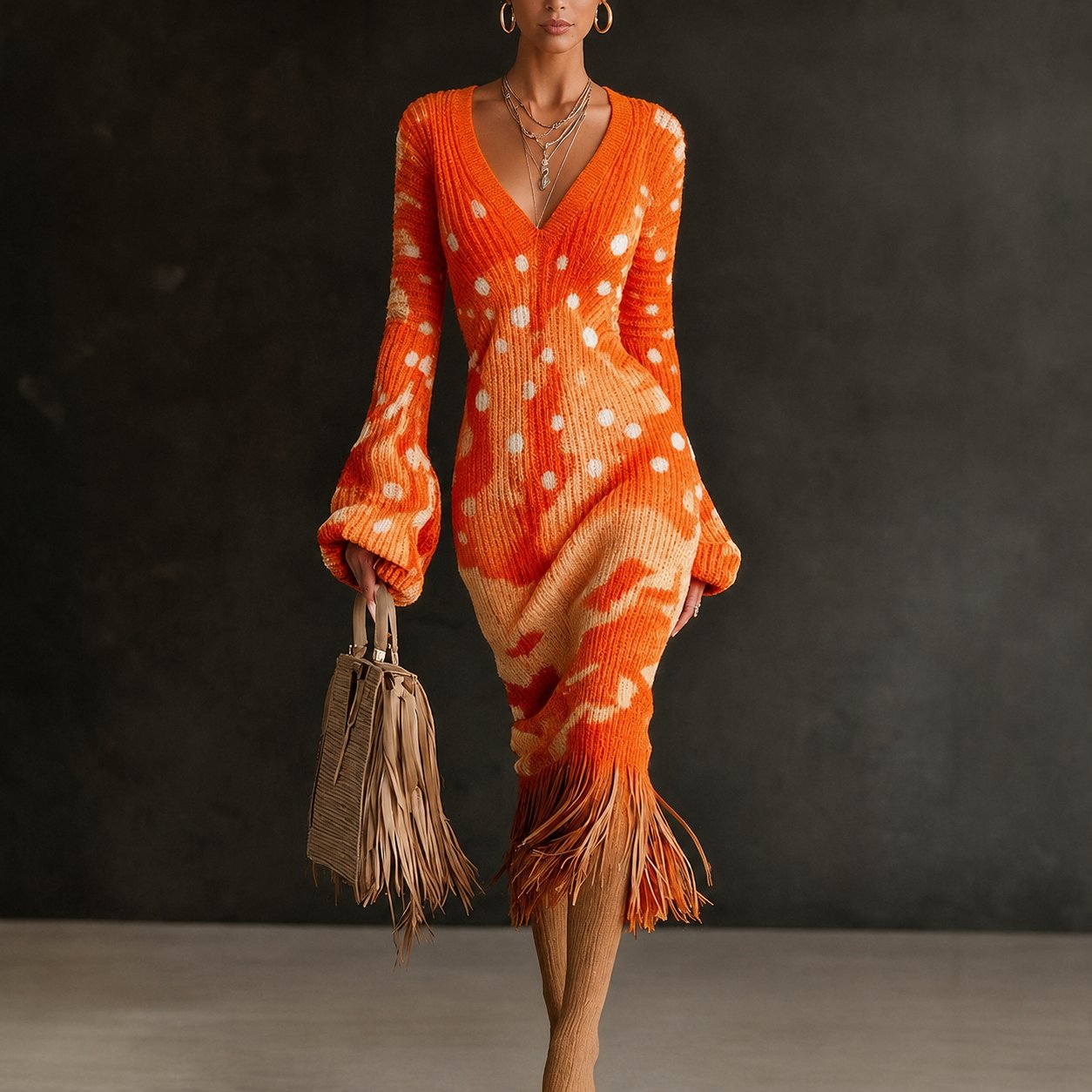 Printed Fringe Knit Dress