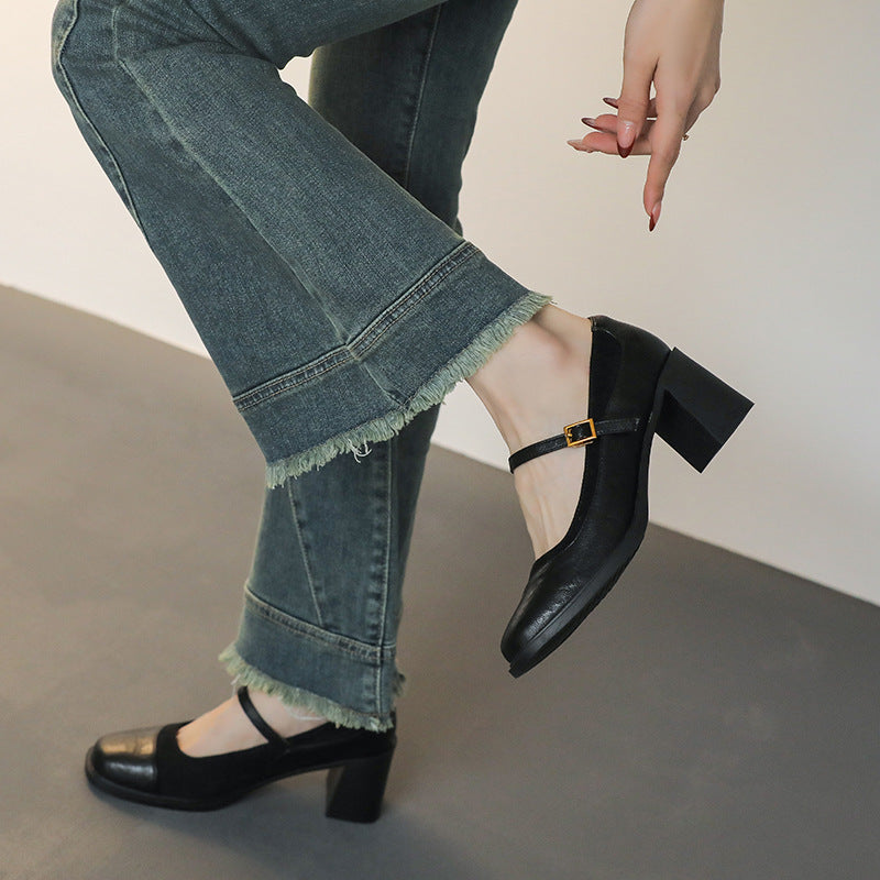 Leather Block-Heel Mary Janes