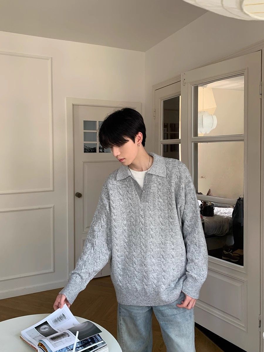 Faux Two-Piece Collared Knit Pullover