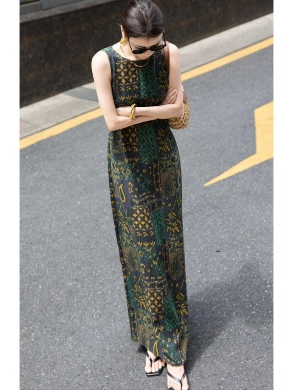 Green Print Sleeveless Maxi Dress