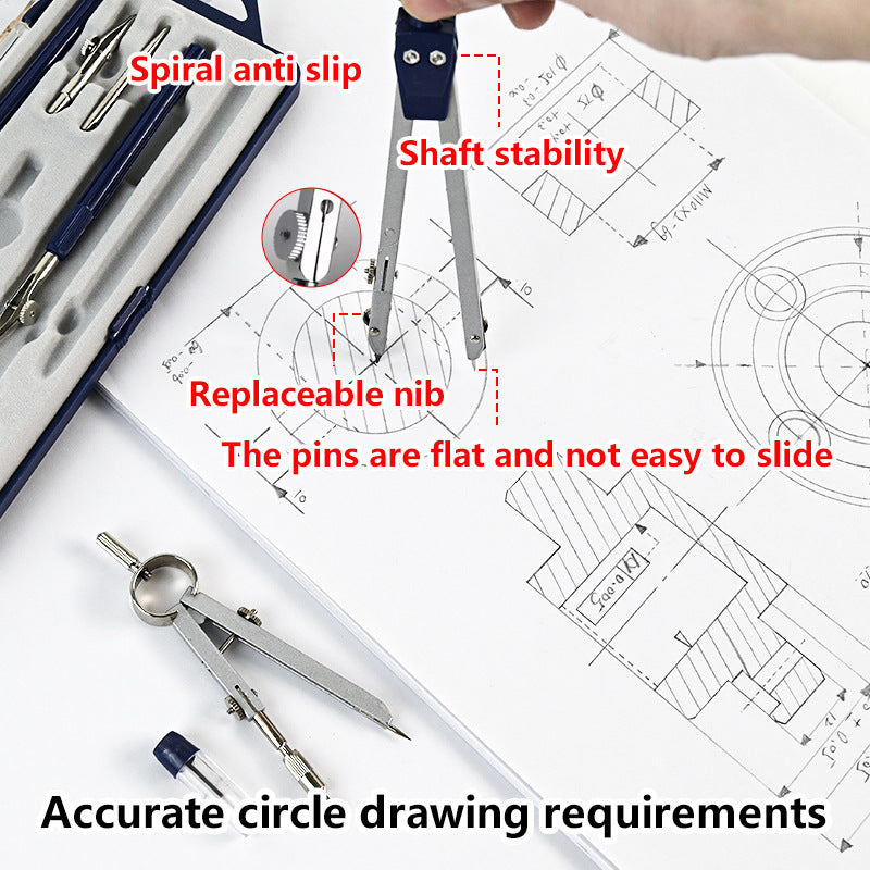 Precision construction machinery design and drawing tools, students study and take exams, metal alloy compass set, drawing compass