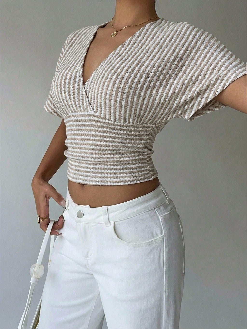 Striped V Neck Batwing Sleeve Wrap Top