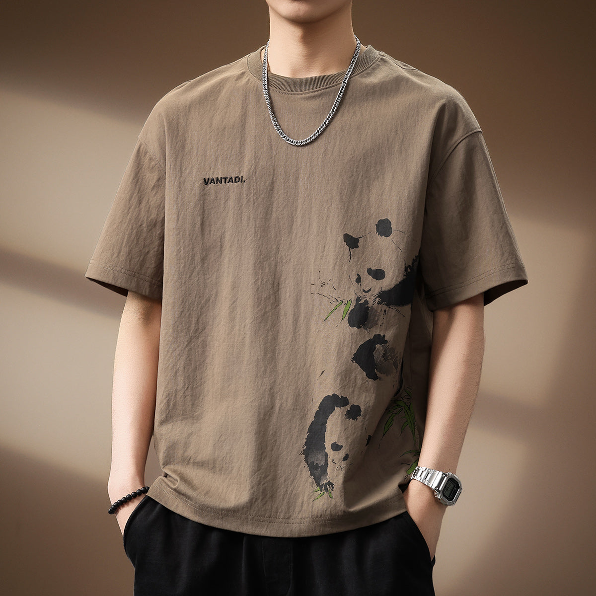 Panda Print Linen Blend Tee