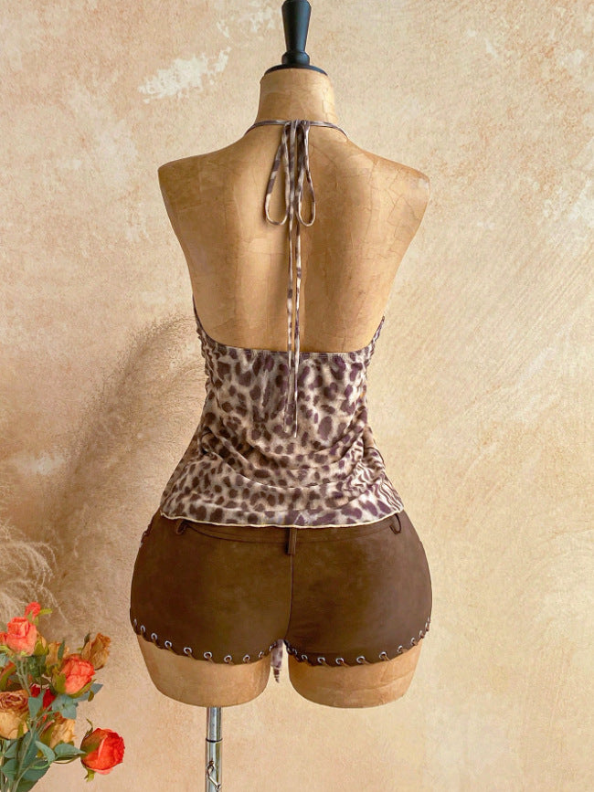 Floral Halter Tie Front Mesh Top