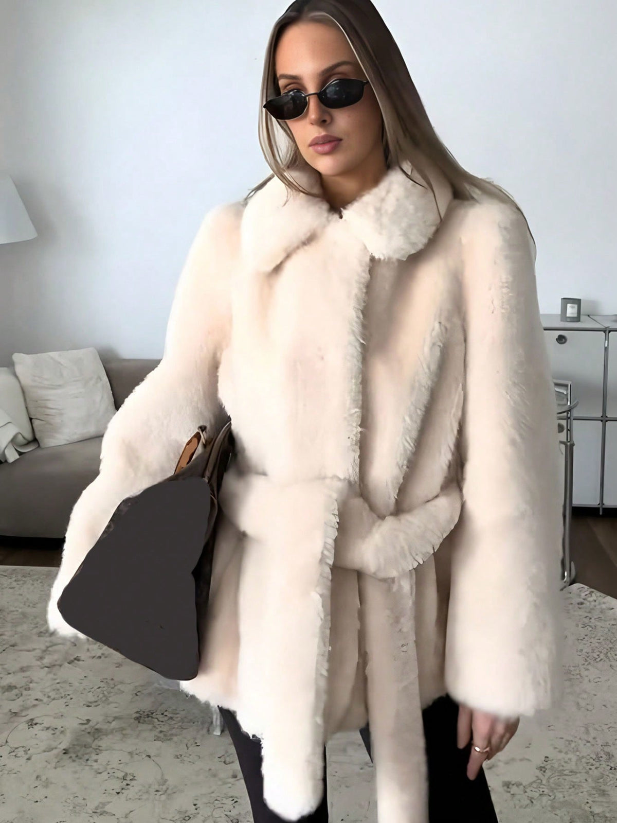 Women's Belted Faux Fur Wrap Coat
