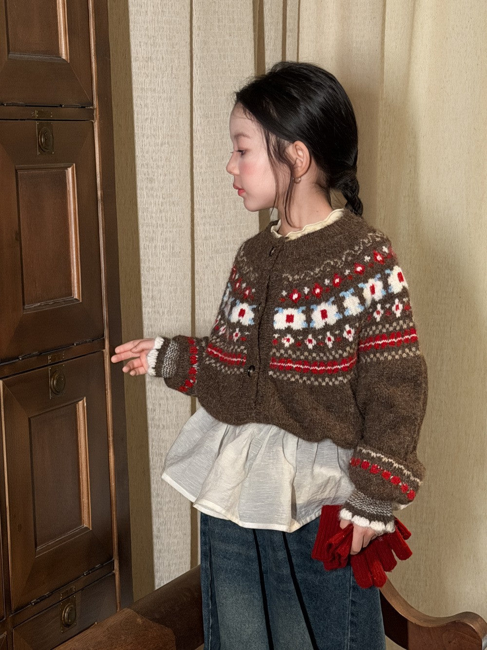 Girls' Floral Fair-Isle Knit Cardigan