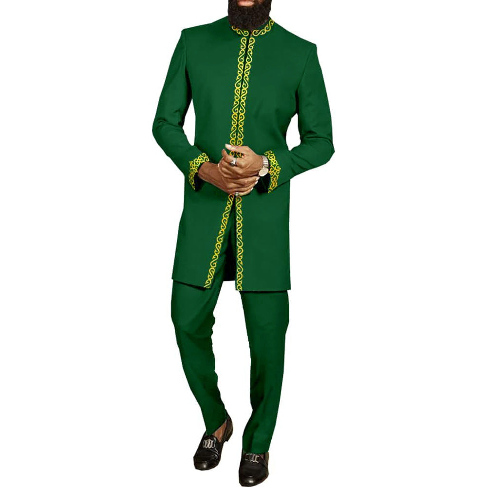 Traditional Muslim African Style Men Wedding New Suit 2 Piece Set Round Neck Long Sleeve Top Plus Pants Foreign Trade