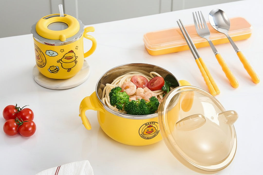 Cartoon Duck Stainless Steel Meal Set With Insulated Tote Bag