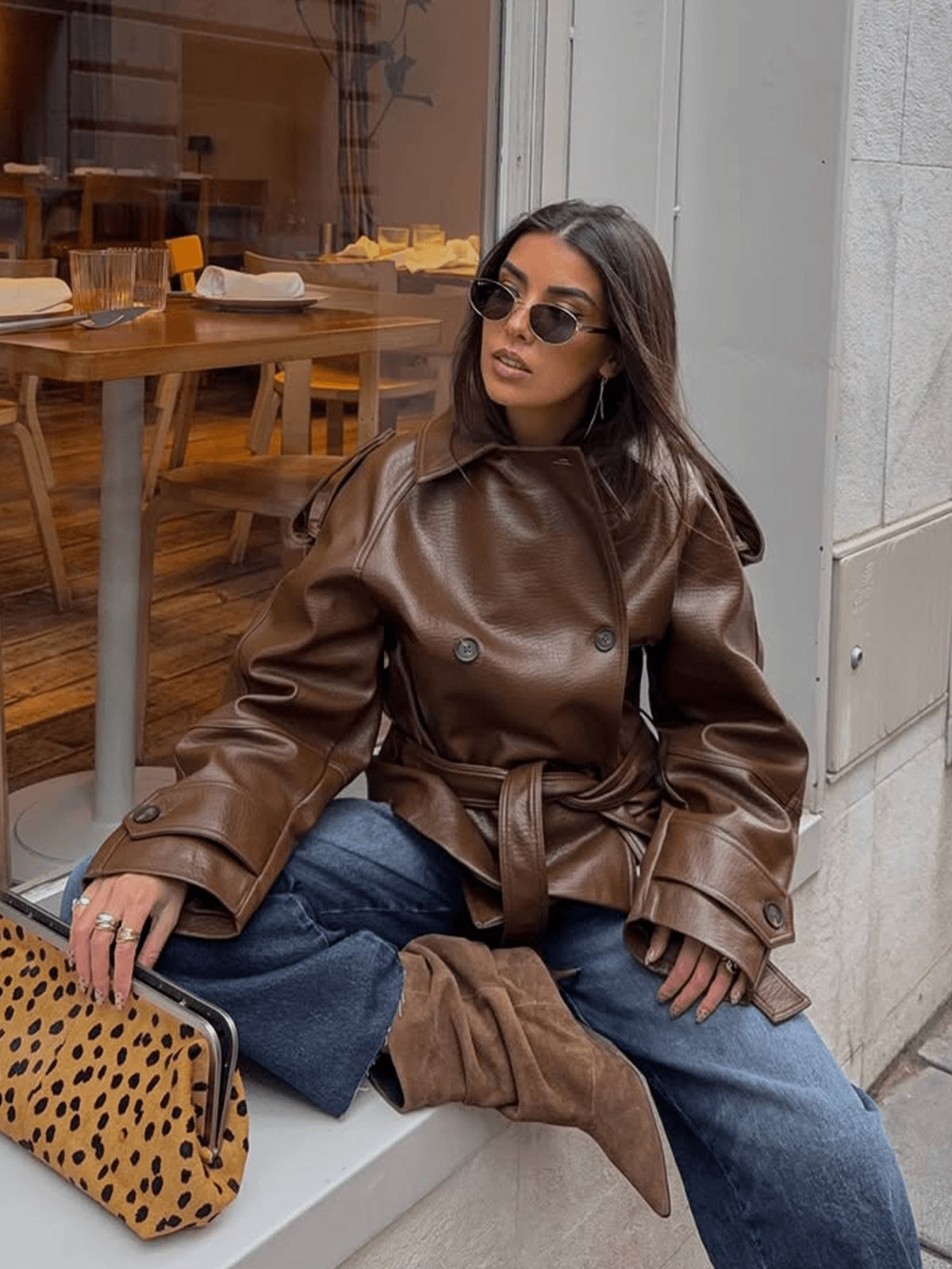 Women's Belted Faux Leather Moto Jacket