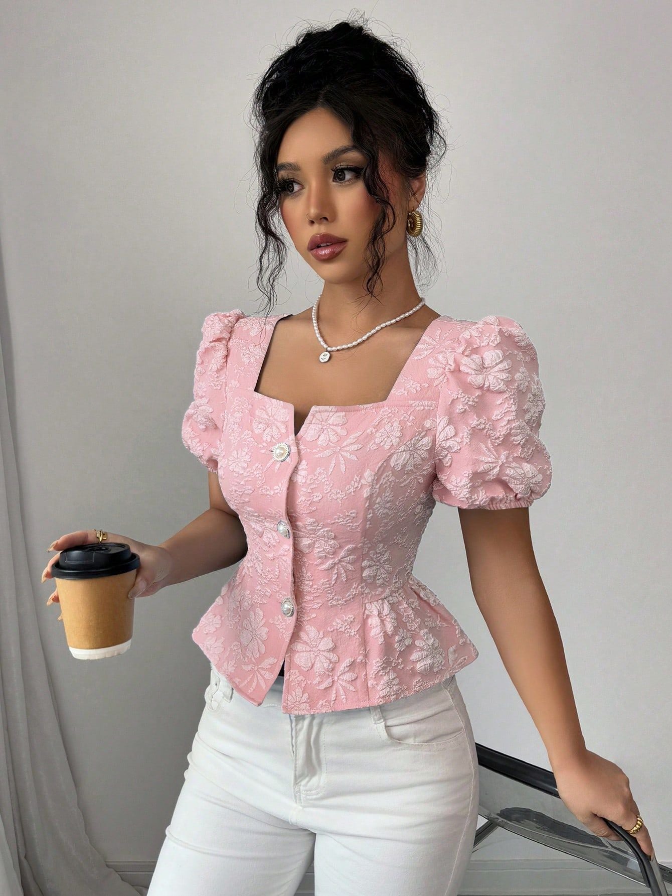 Floral Jacquard Puff Sleeve Peplum Top