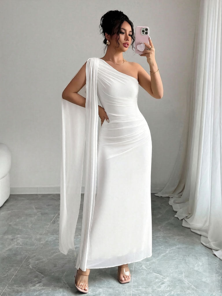 Elegant Mesh One Shoulder Draped Maxi Dress