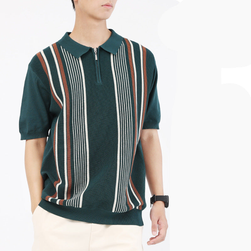 Men’s Vertical Stripe Quarter-Zip Knit Polo