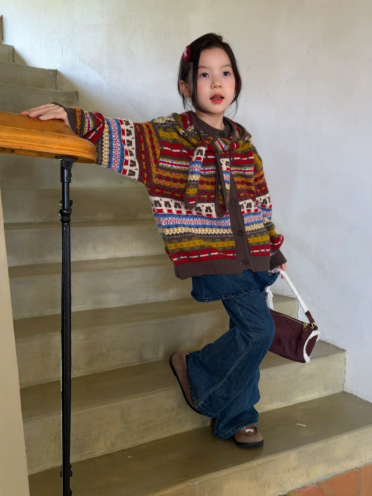 Girls' Fair-Isle Knit Cardigan with Detachable Hood