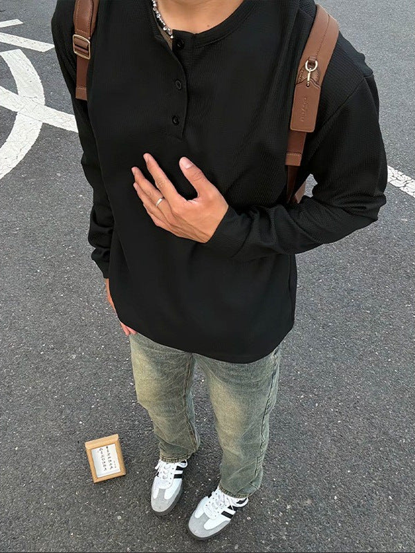 Ribbed Henley Long Sleeve T-Shirt