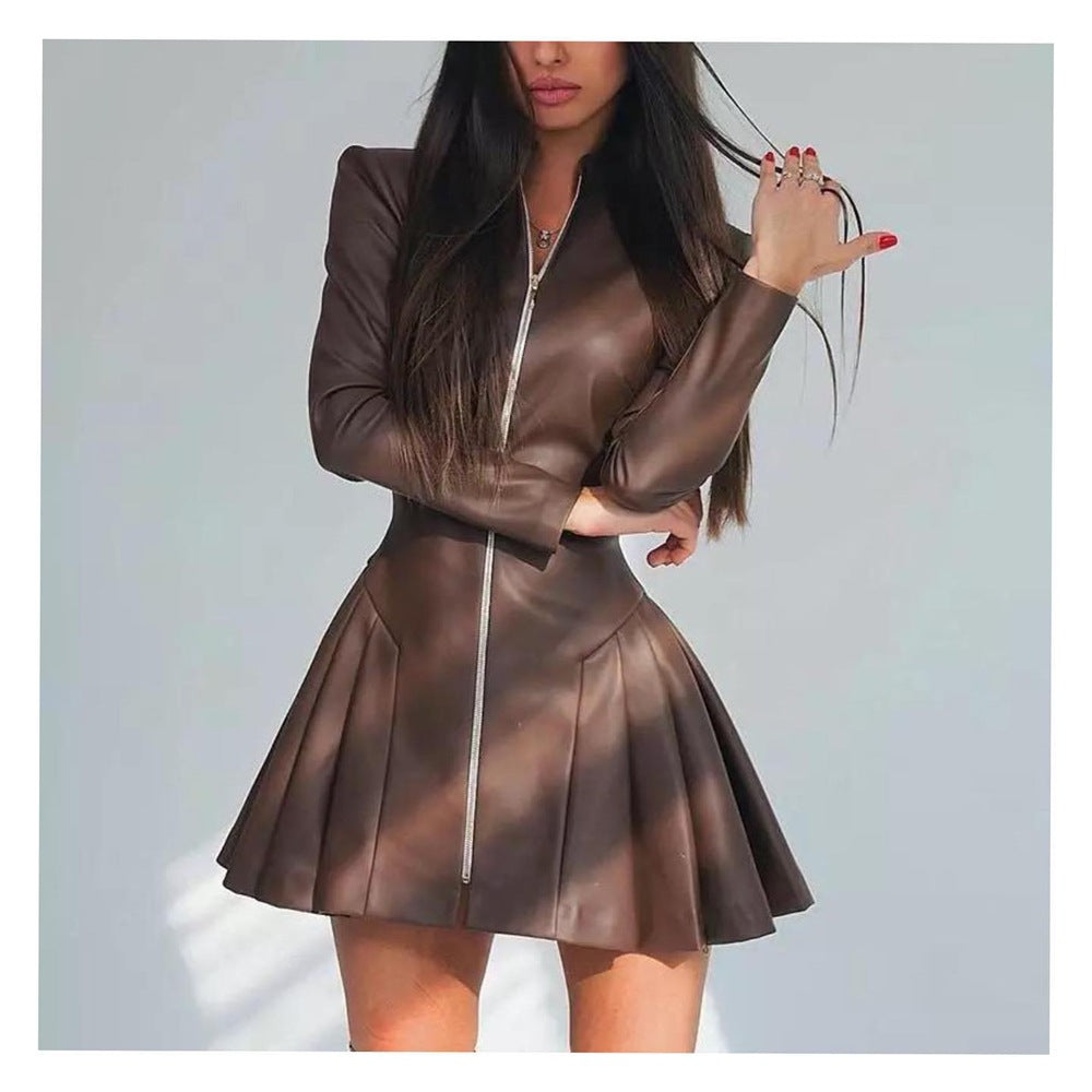 Zip Front Faux Leather Pleated Dress