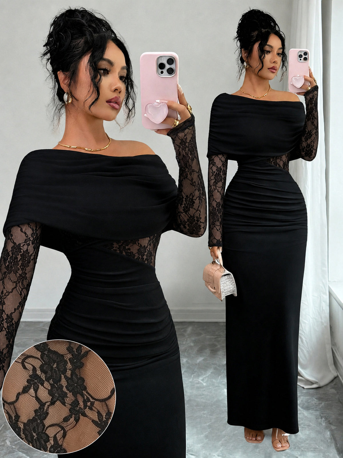 Off-Shoulder Lace Maxi Dress - Black