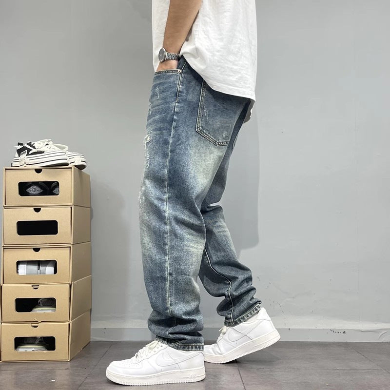 Distressed Straight-Leg Streetwear Denim