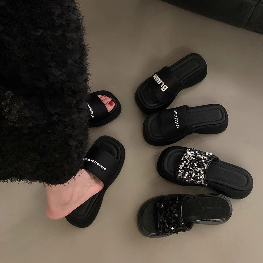 Black Sequin Platform Slides