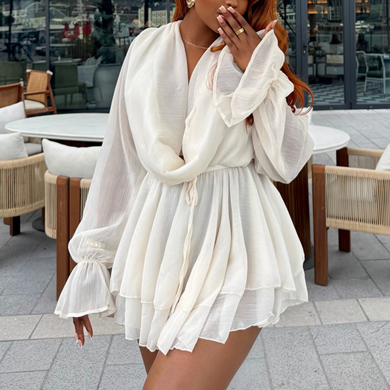 Cowl-Neck Flare-Sleeve Pleated Dress