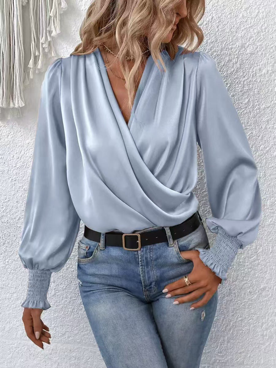 Balloon-Sleeve V-Neck Blouse