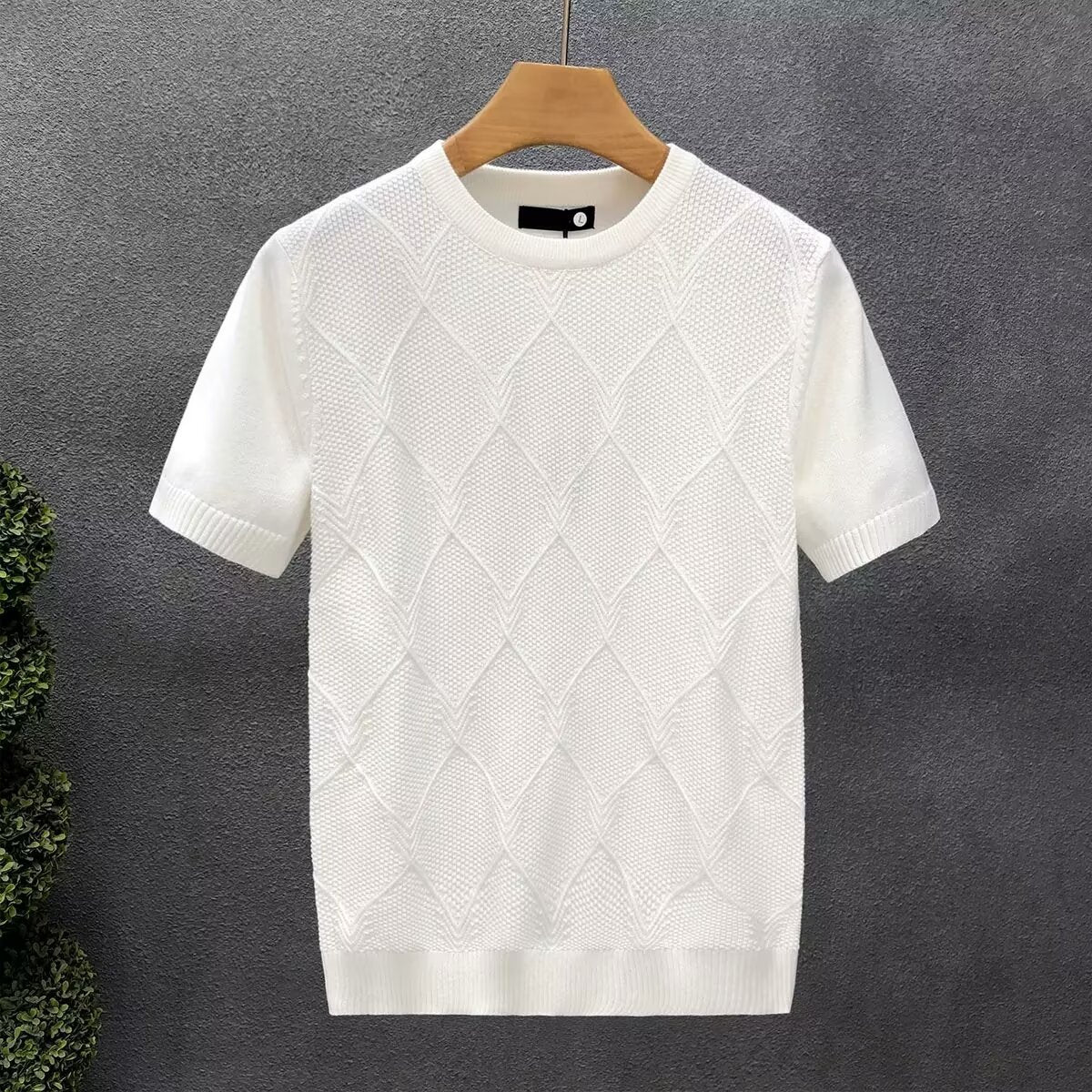 Diamond Checkered White Short-Sleeve Sweater