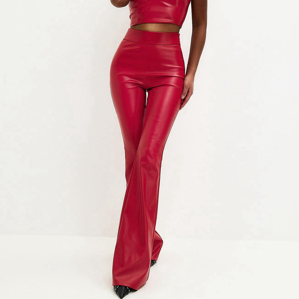 High-Waist PU Flared Trousers