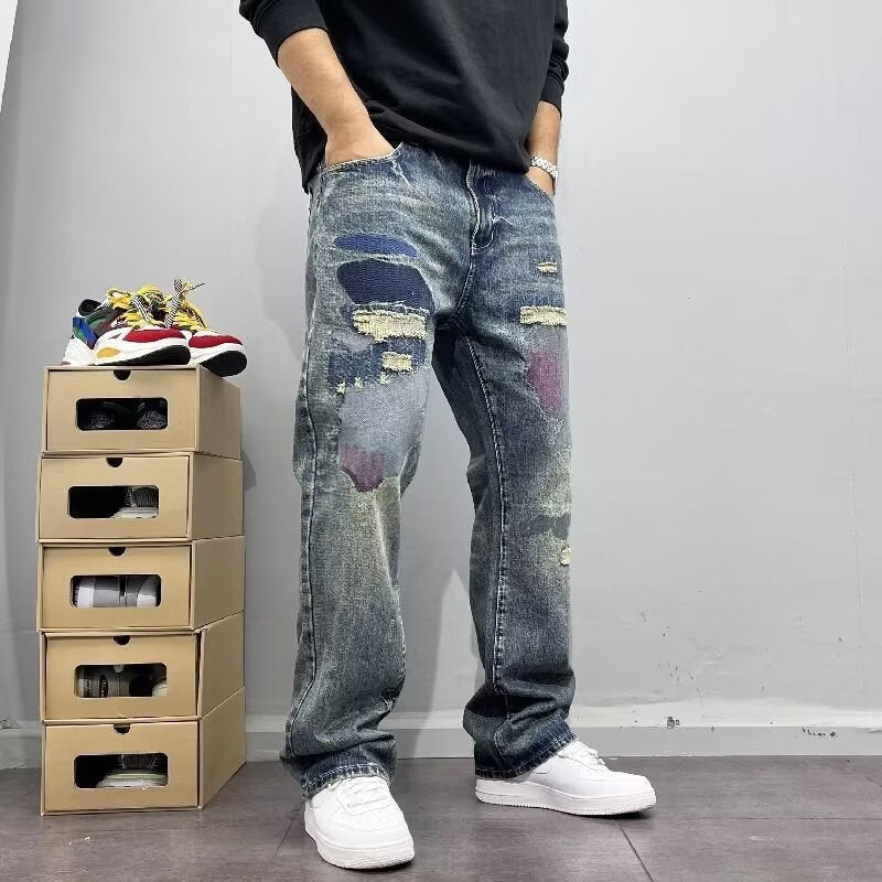 Distressed Patchwork Straight-Leg Jeans