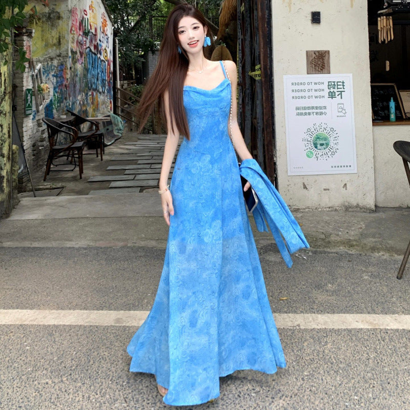 Blue Tie-Dye Strap Maxi Dress