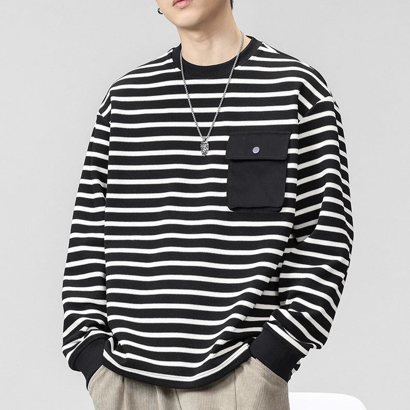 Striped Pocket Crewneck Sweatshirt