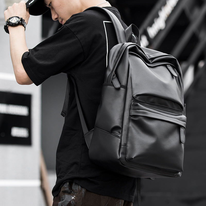 MOYYI Leather Simple Backpack Men's Fashion Trend Casual Travel Computer Backpack Junior High School College Student School Bag