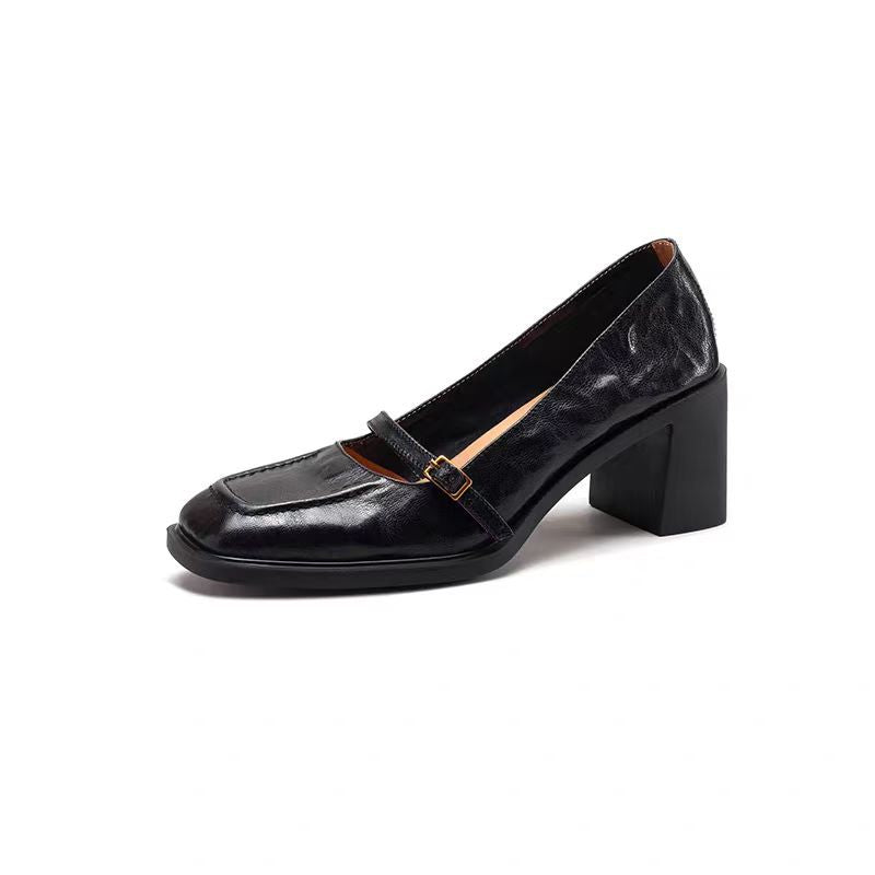 Square-Toe Leather Strap Heels