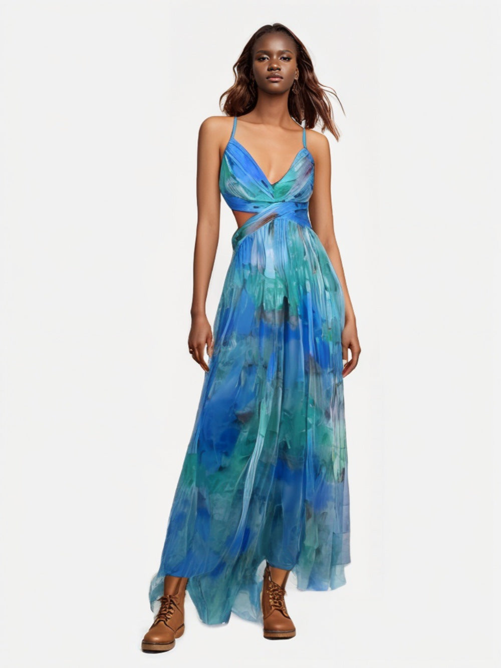 Printed Mesh Maxi Dress - Blue