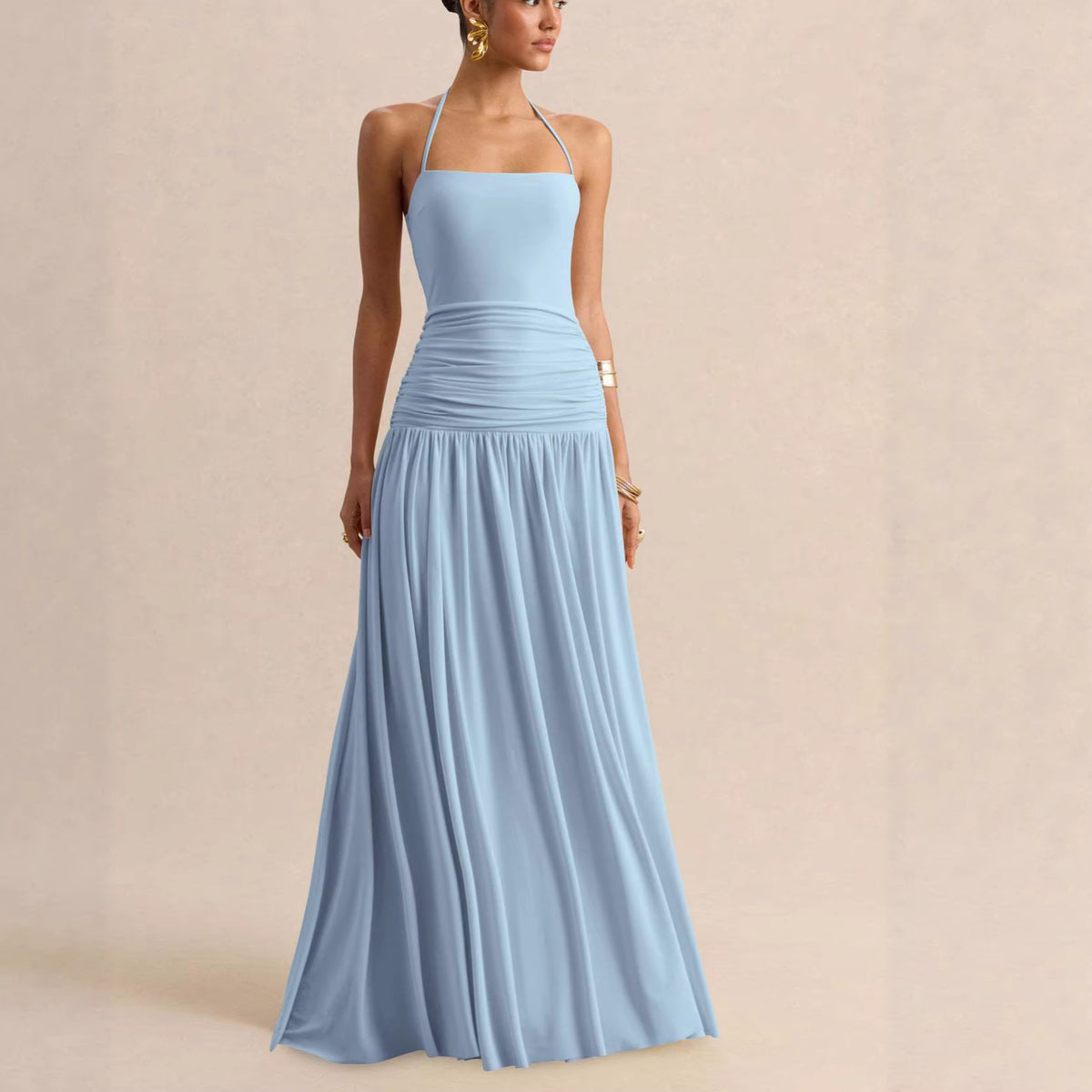 Strapless Pleated Maxi Dress - Light Blue