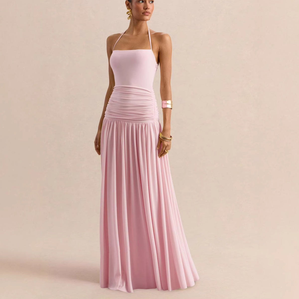 Strapless Pleated Maxi Dress - Pink