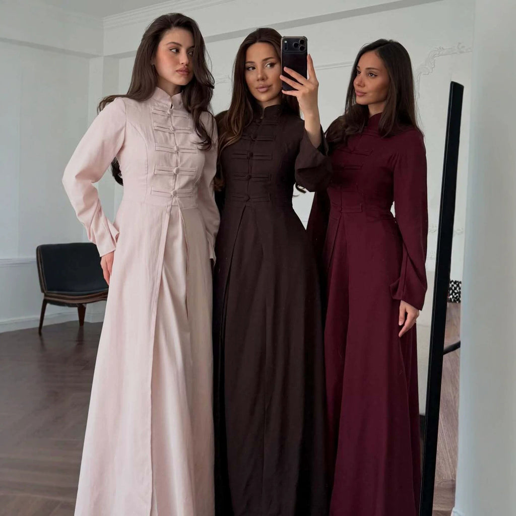Elegant Traditional Frog Button Long Coat and Skirt Set