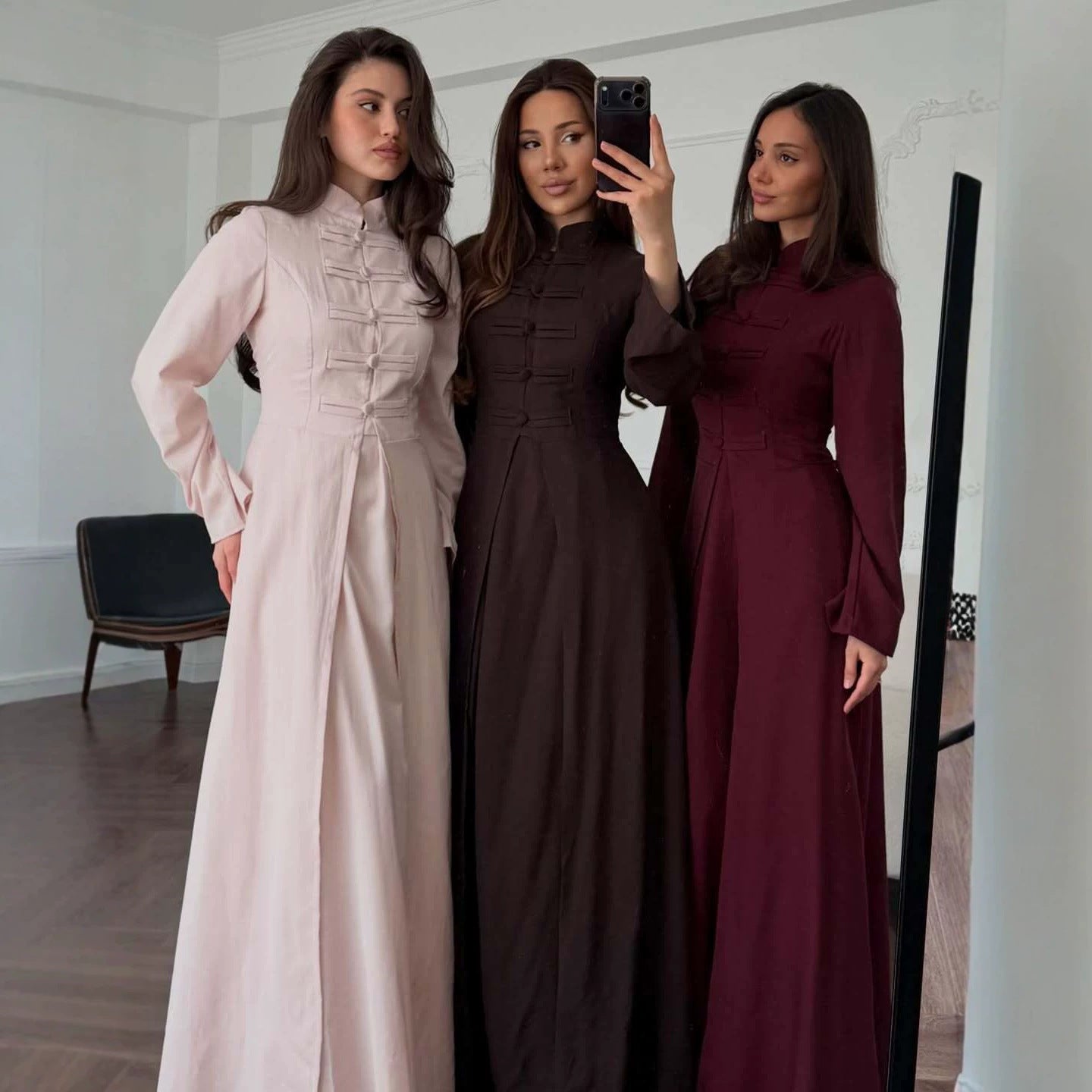Elegant Traditional Frog Button Long Coat and Skirt Set