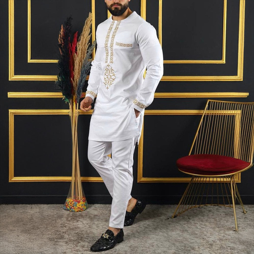 Traditional Muslim African Style Men Wedding New Suit 2 Piece Set Round Neck Long Sleeve Top Plus Pants Foreign Trade