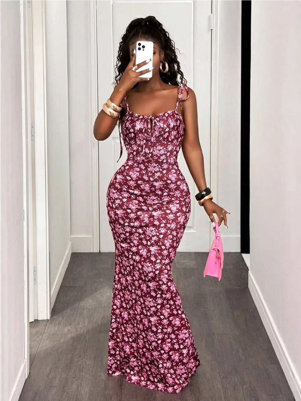 Floral Lace-Up Mermaid Dress