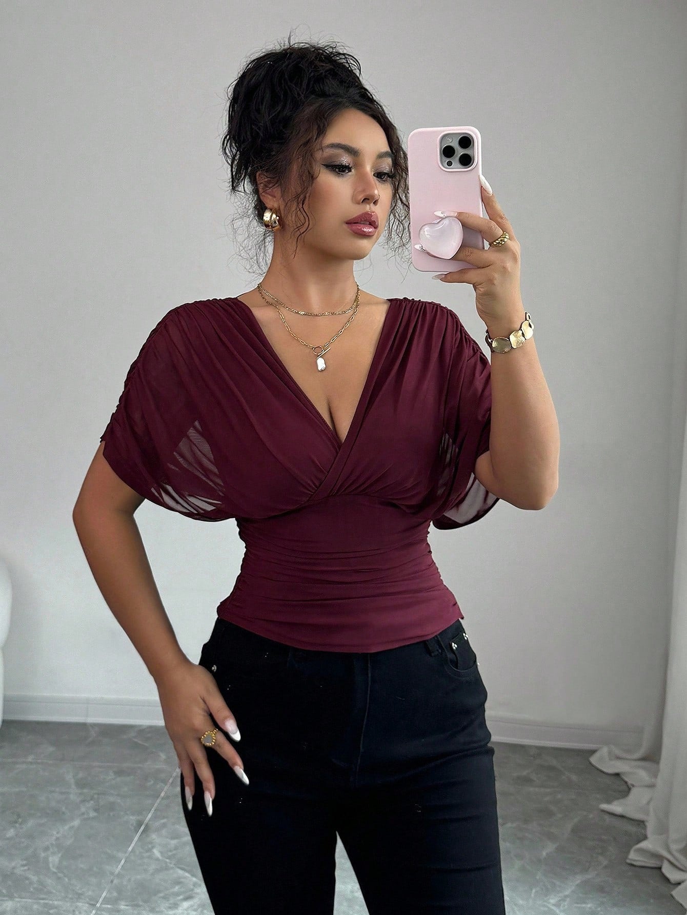Elegant Ruched V Neck Drape Top