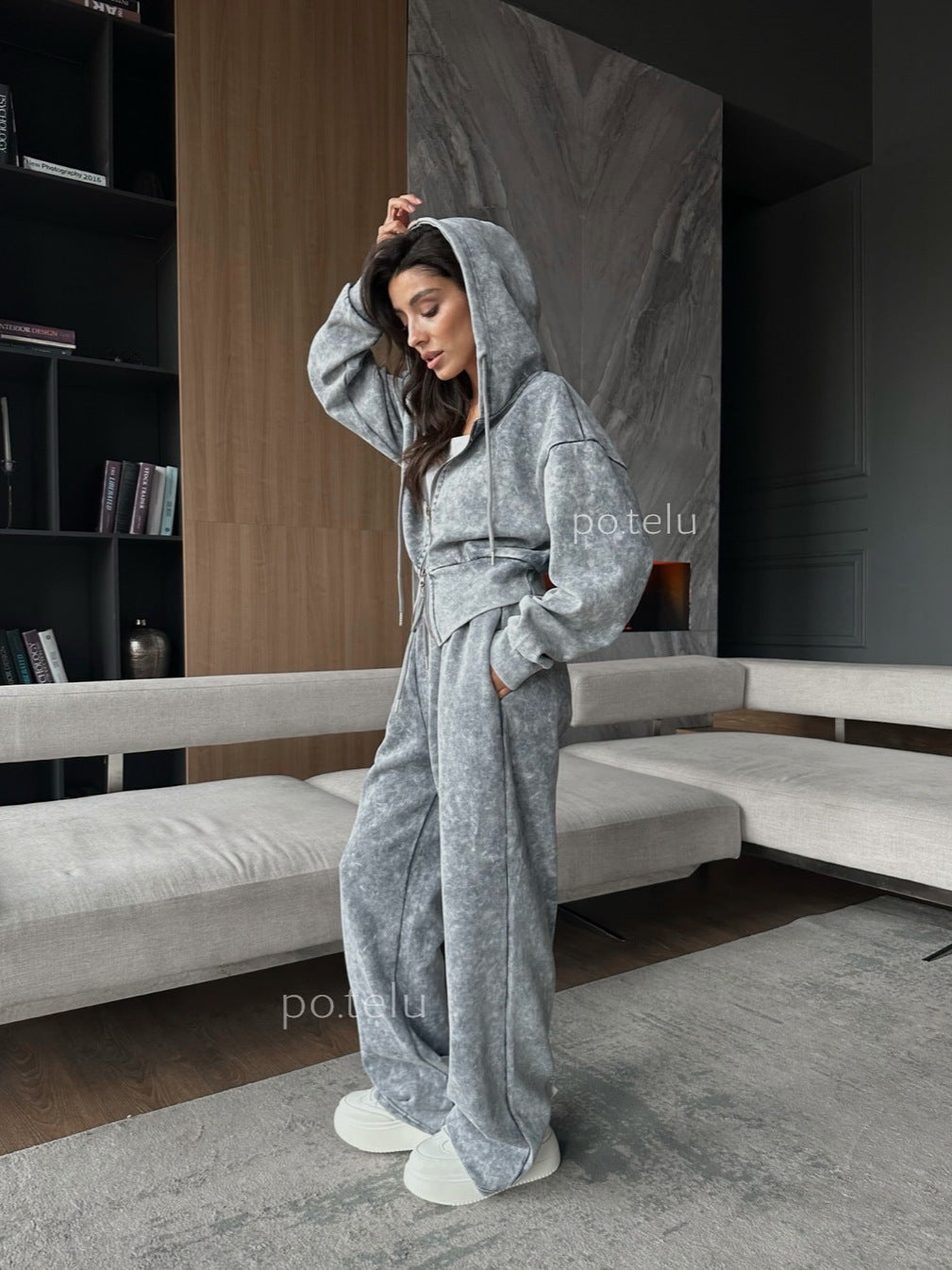 Acid Wash Zip Up Hoodie and Wide Leg Sweatpants Set