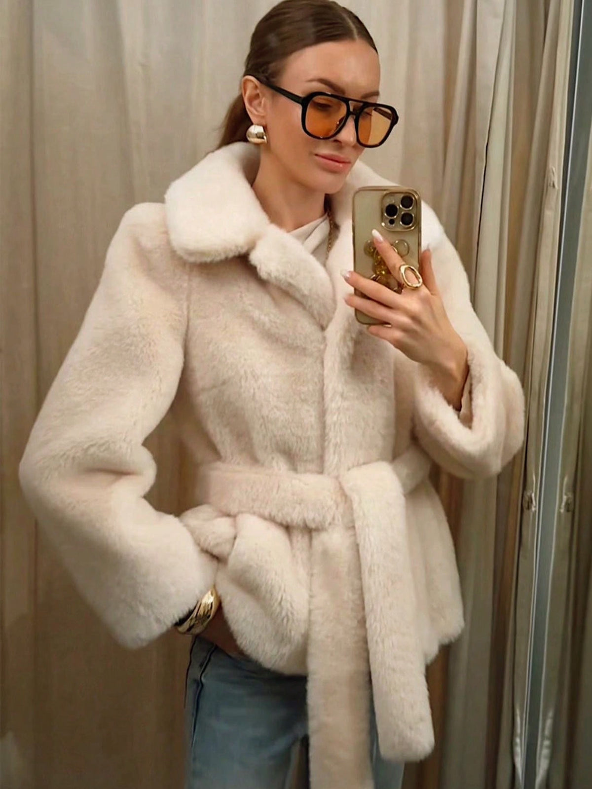 Women's Belted Faux Fur Wrap Coat