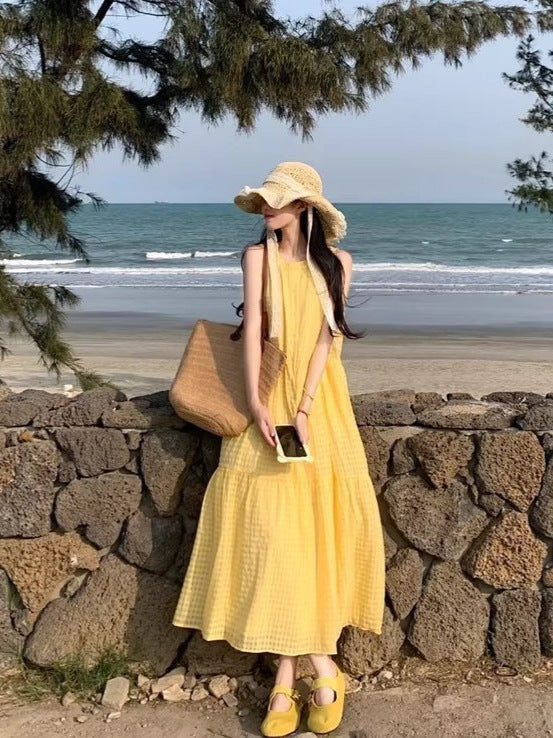 Yellow Plaid Sleeveless Maxi Dress