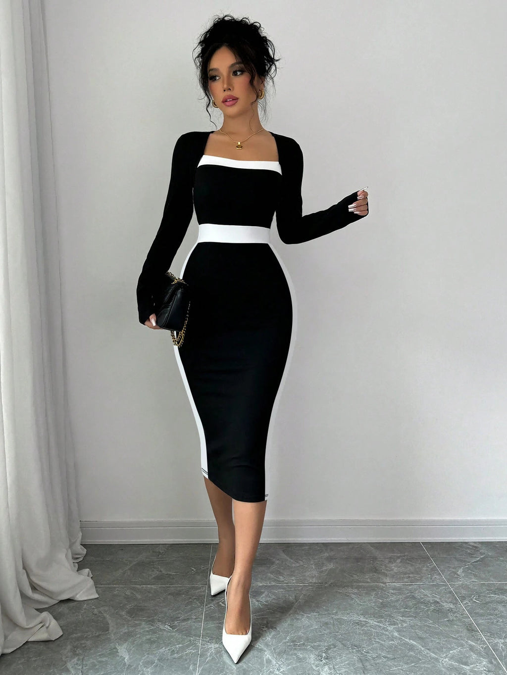Elegant Contour Square Neck Midi Dress