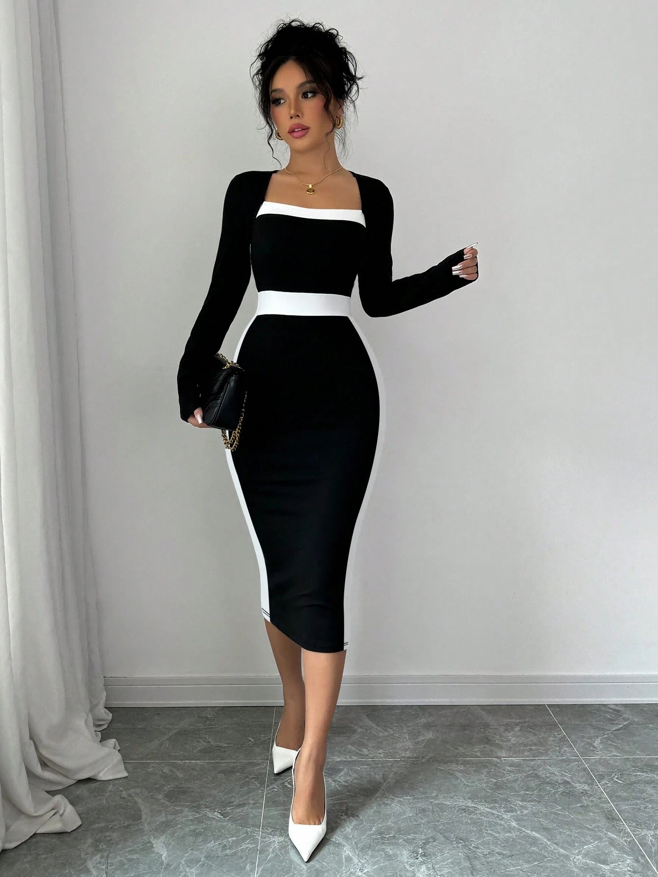Elegant Contour Square Neck Midi Dress