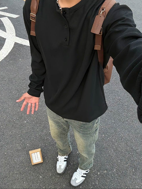 Ribbed Henley Long Sleeve T-Shirt