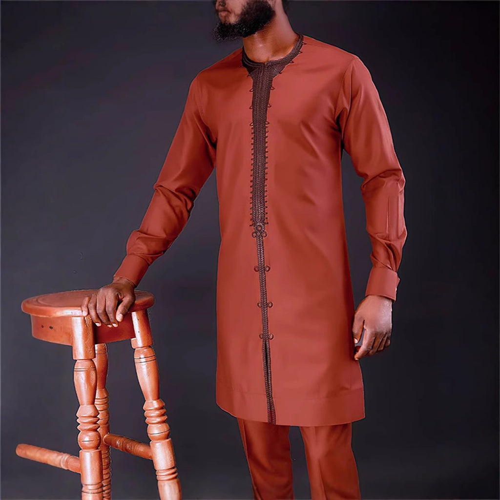 Traditional Muslim African Style Men Wedding New Suit 2 Piece Set Round Neck Long Sleeve Top Plus Pants Foreign Trade